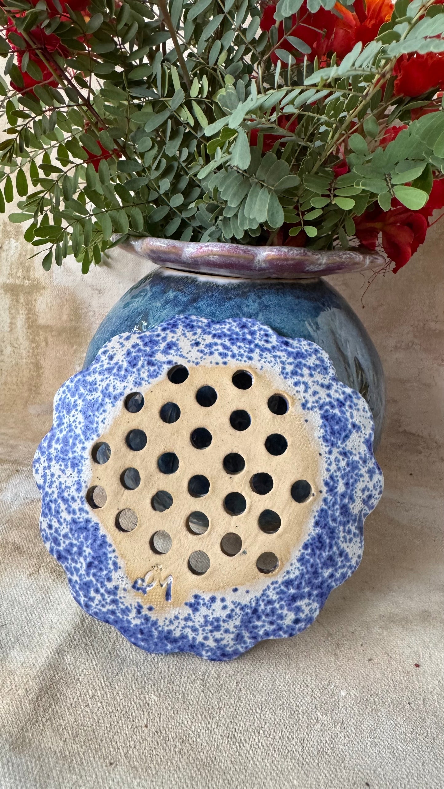Blue Splatterware Flower Frog