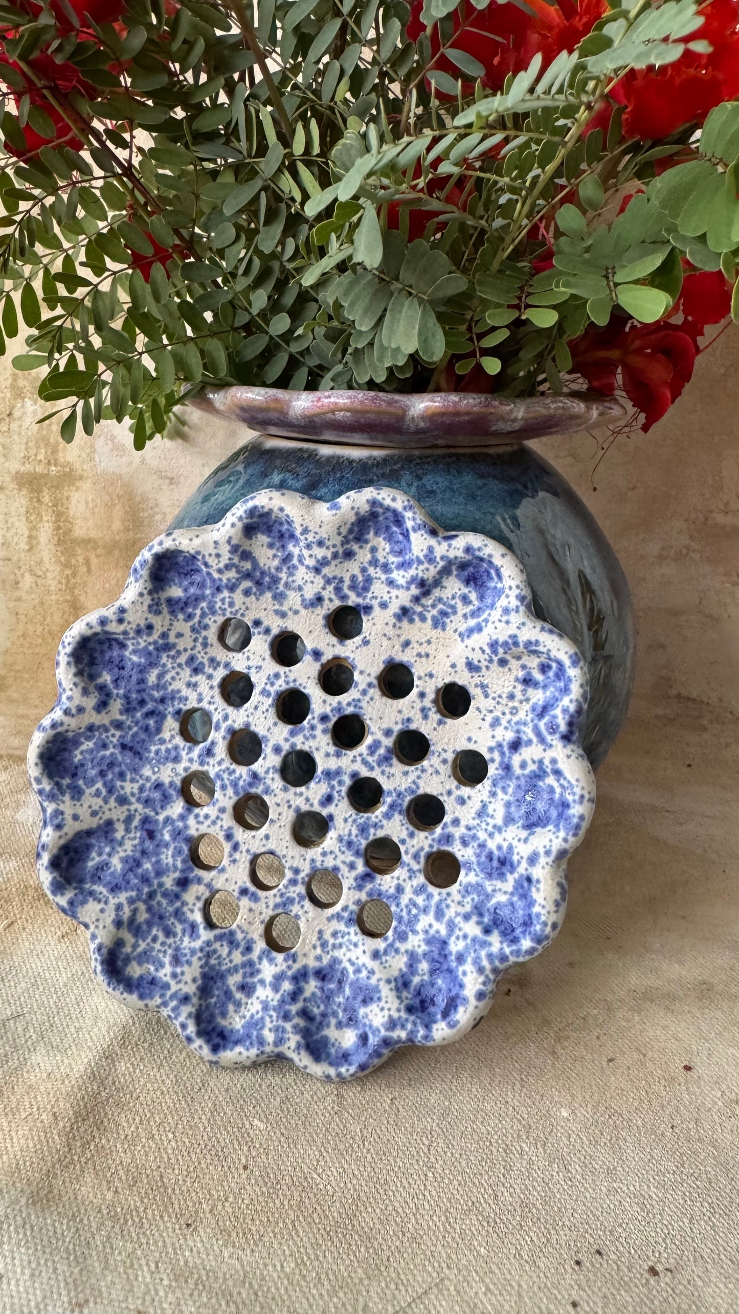 Blue Splatterware Flower Frog